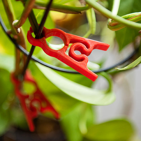 Red garden clip securing a vine to a trellis, surrounded by green leaves
